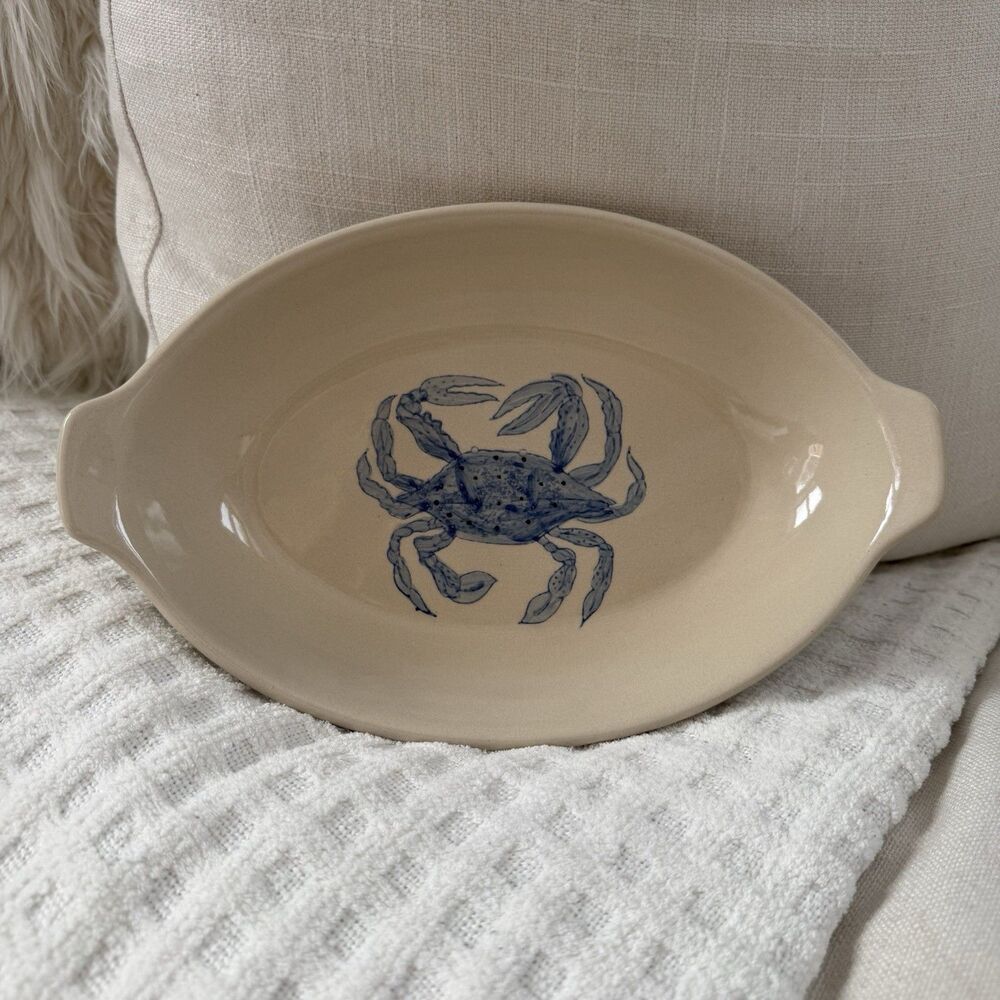 Nantucket Stoneware Oval Casserole Dish Blue Crab Serving Bowl Beige Beach House